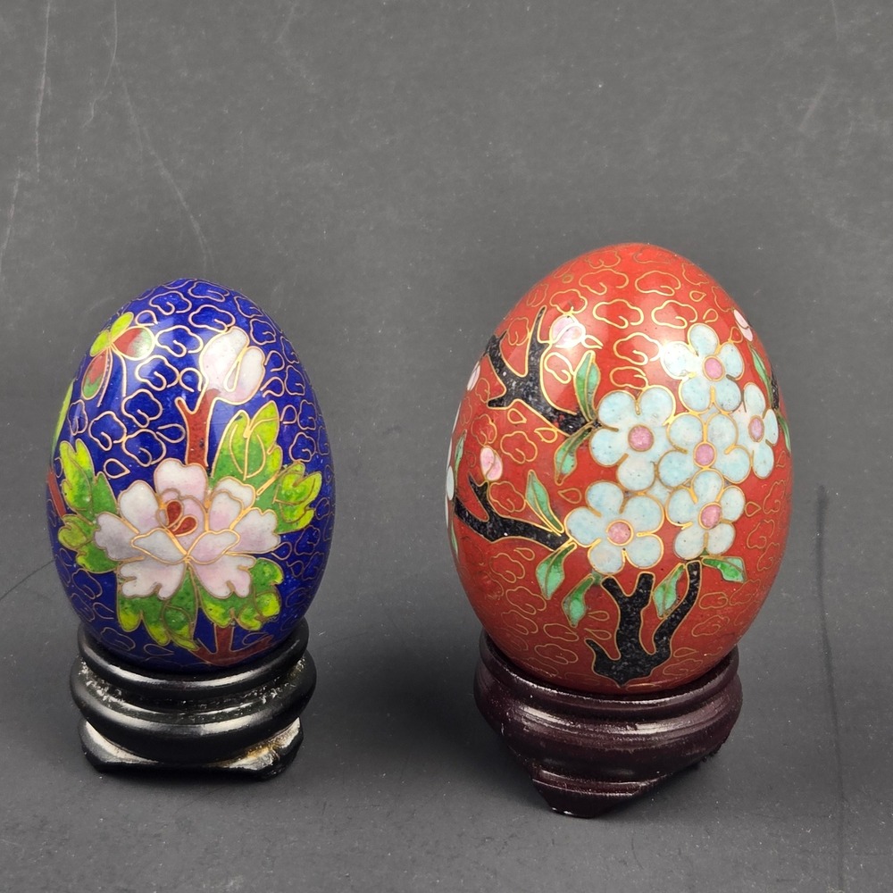 Vintage Chinese Cloisonne Enamel Eggs Set of 2 Floral Peony Cherry Blossom Stand